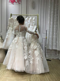 Blush sandy color fairytale 3D florals lace appliqués little baby toddlers flower girl dresses in long sleeves
