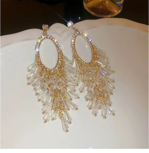 Clear glass beads crystals drop tassels long earrings