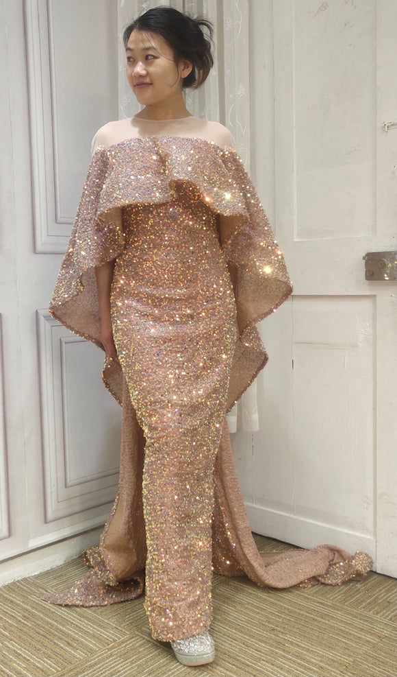 Rose gold sequins cape prom dress 2024,cape sleeves prom dresses for M Anna's Couture Dresses Rose gold sequins cape prom dress 2024,cape sleeves prom dresses for M Anna's Couture Dresses