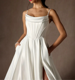 Chic and sexy corset top mikado wedding dresses with slit skirt 2025 sweeping train