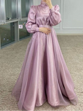 Shiny sparkling tea length burgundy emerald green beige black navy long sleeves a line tulle prom maxi dress muslim fashion 2024