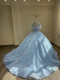 Fairytale sky blue lace appliqués crystals rhinestones beaded princess quinceanera prom dress ,blue lace puffy prom dress 2024