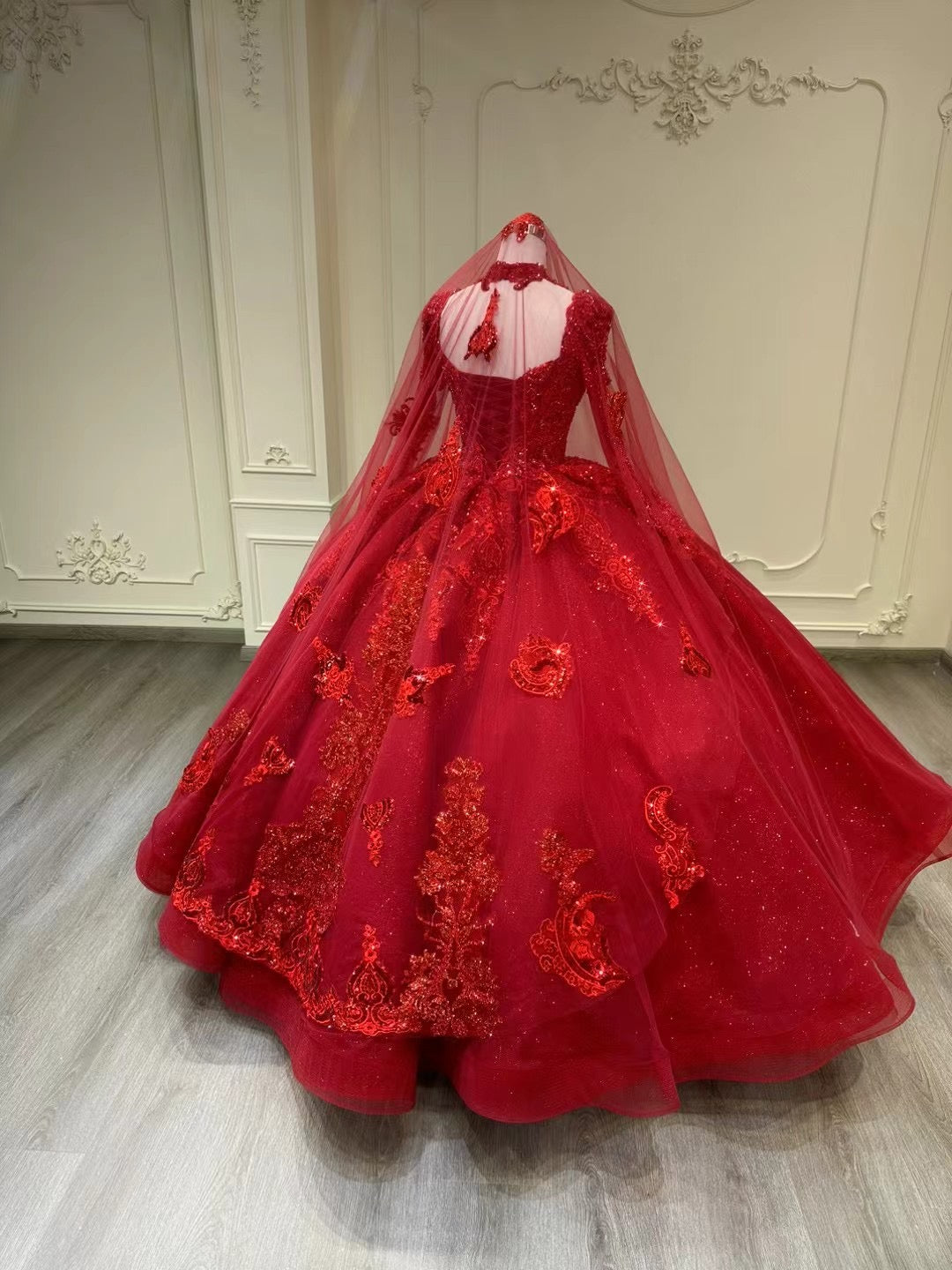 long red formal dress with sleeves Chic long sleeve dark red lace appliqués rhinestones crystals sequins – Anna's Couture Dresses