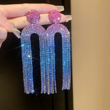 Ice blue gradient crystals metal alloy drop tassels long earrings in sets