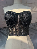 Sexy black pearls crystals beaded sheer tulle corset bustier top