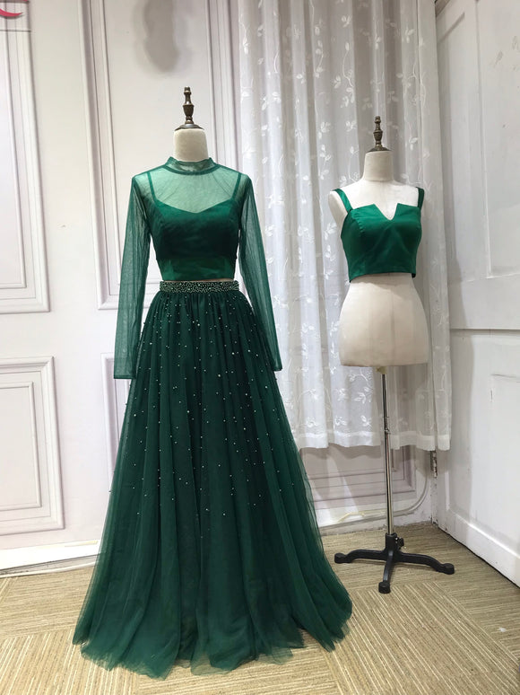 Gorgeous pearls beaded top and skirt separated two pieces emerald green tulle prom dress