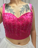 Pearls crystals rhinestones beaded hot pink crop bustier top