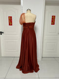 Custom made stretchy silk satin  fabric bridesmaids dresses in terracotta color