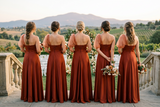 Custom made stretchy silk satin  fabric bridesmaids dresses in terracotta color