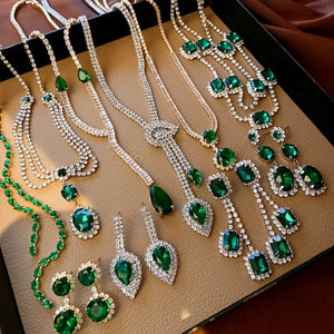 Emerald green glass beads crystals necklace earrings in set