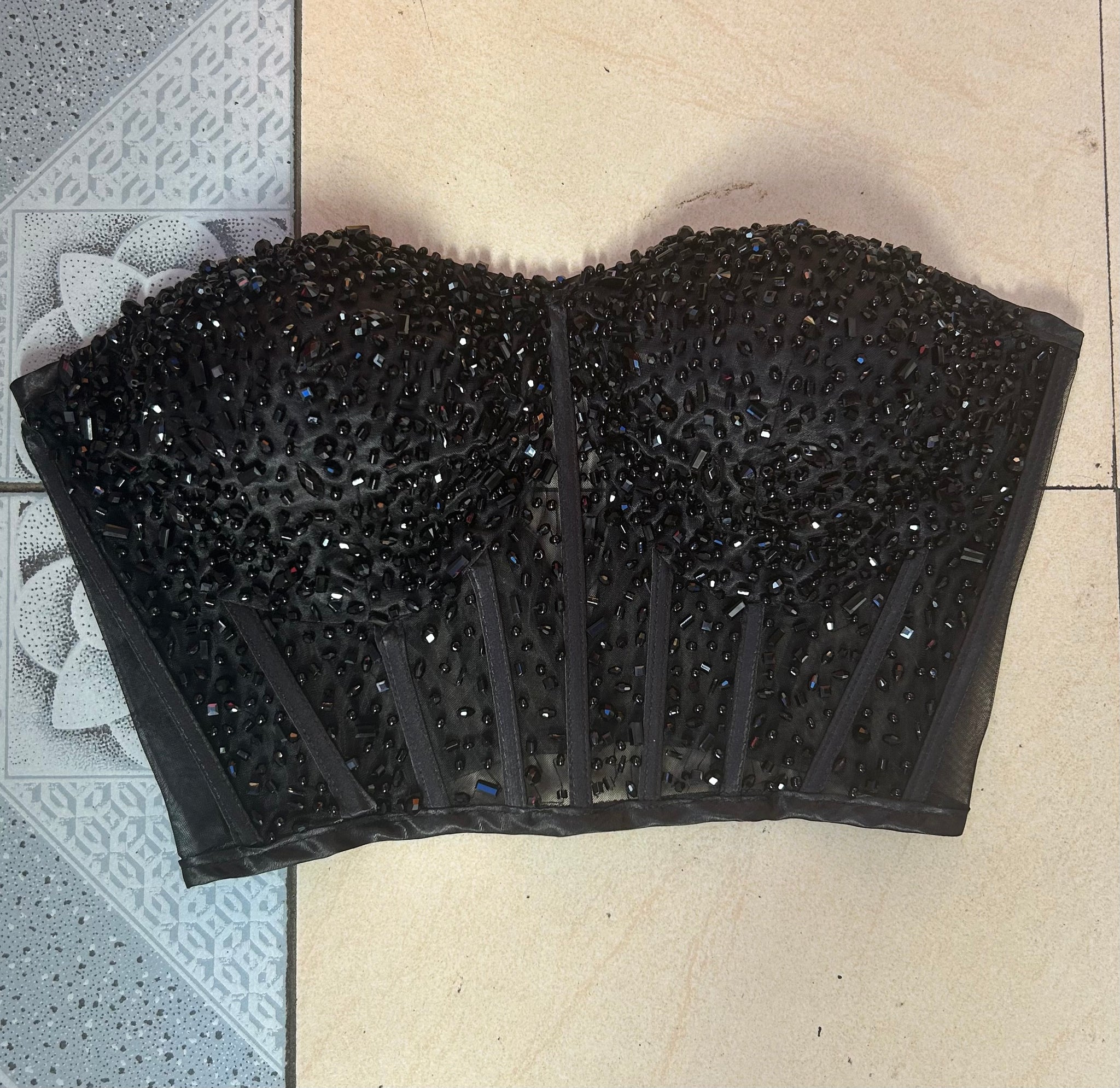 Sexy black pearls crystals beaded sheer tulle corset bustier top  display picture 1
