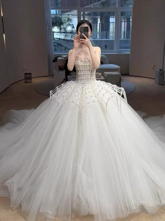 Customization made off shoulder corset bodice wedding dress ball gown skirt front slit mikado bridal gown 2025 with train