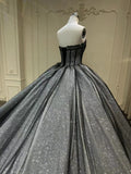 Sparkling black glitter fabric sweetheart ball gown puffy skirt prom dress 2024