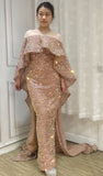 Rose gold sequins cape prom dress 2024,cape sleeves prom dresses for Muslim girls