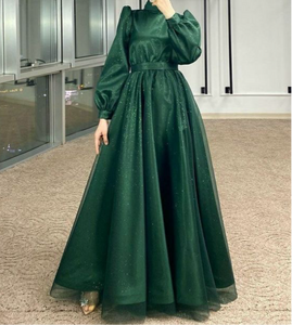 Shiny sparkling tea length burgundy emerald green beige black navy long sleeves a line tulle prom maxi dress muslim fashion 2024