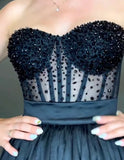 Black pearls crystals beaded sheer tulle corset bustier top