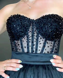 Black pearls crystals beaded sheer tulle corset bustier top