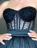 Black pearls crystals beaded sheer tulle corset bustier top