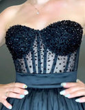 Black pearls crystals beaded sheer tulle corset bustier top