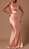 Simple rose gold satin mermaid prom dress 2026