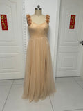 Customization simple and elegant off shoulder tulle prom dress with front side slit