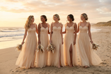 Customization simple and elegant off shoulder tulle prom dress with front side slit