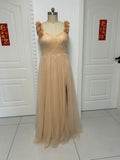 Customization simple and elegant off shoulder tulle prom dress with front side slit