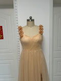 Customization simple and elegant off shoulder tulle prom dress with front side slit