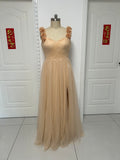 Customization simple and elegant off shoulder tulle prom dress with front side slit