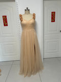 Customization simple and elegant off shoulder tulle prom dress with front side slit