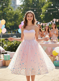 Sweetheart pink crystals sequins handmade beaded ball skirt tea length couture prom dress 2020