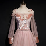 Gorgeous dusty pink long sleeves velvet and tulle prom maxi formal dress 2024