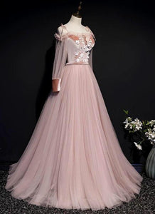 Gorgeous dusty pink long sleeves velvet and tulle prom maxi formal dress 2024