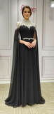 Black chiffon sliver rhinestones handmade beaded long cape sleeves prom dresses 2024