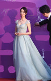 Cap sleeves crystals handmade beaded dusty blue prom dress on the red carpet