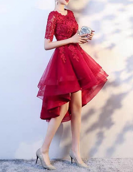 burgundy red lace appliques knee length hi low formal prom dress Anna's Couture Dresses burgundy red lace appliques knee length hi low formal prom dress Anna's Couture Dresses