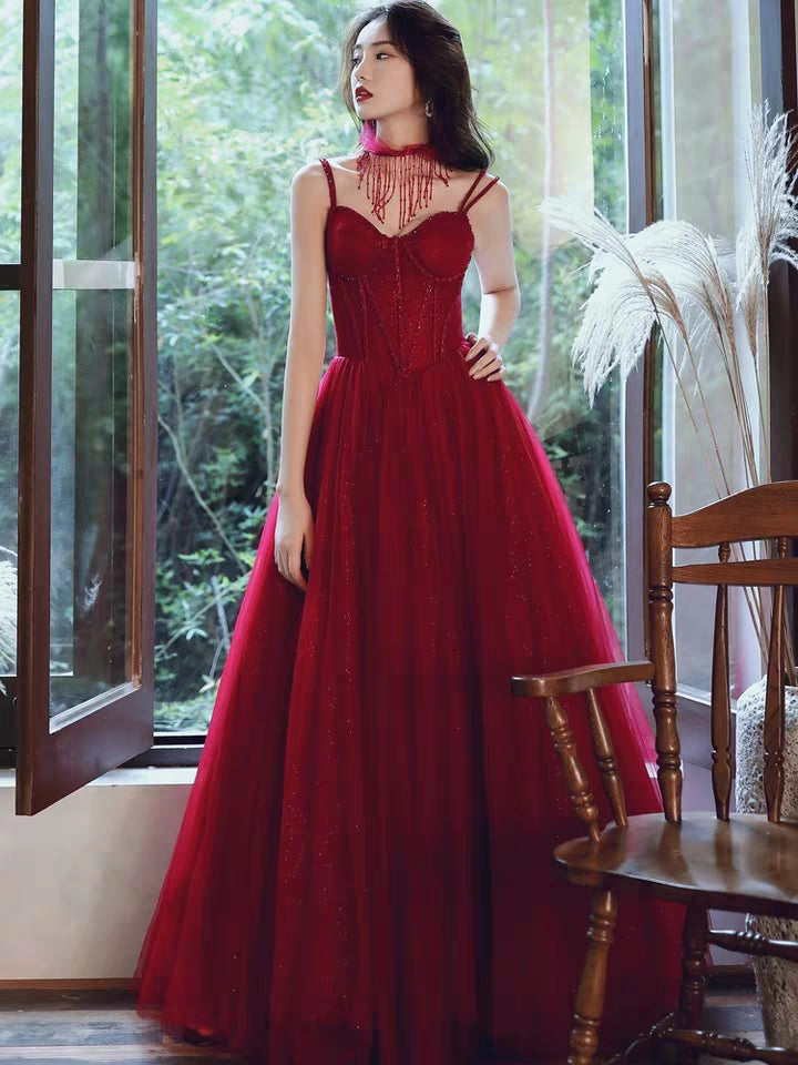 Red spaghetti corset top crystals sequin beaded tulle puffy skirt even – Anna's Couture Dresses