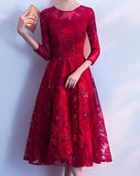 Red black long sleeves sparklying lace  knee length hi low formal prom dress