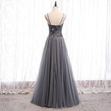 Spaghetti straps darker gray sequins crystals beaded tulle prom dress