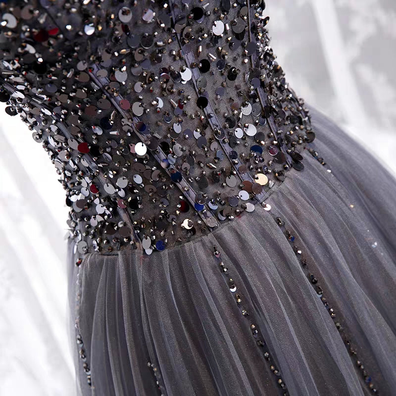 Spaghetti straps darker gray sequins crystals beaded tulle prom dress Anna's Couture Dresses Spaghetti straps darker gray sequins crystals beaded tulle prom dress Anna's Couture Dresses
