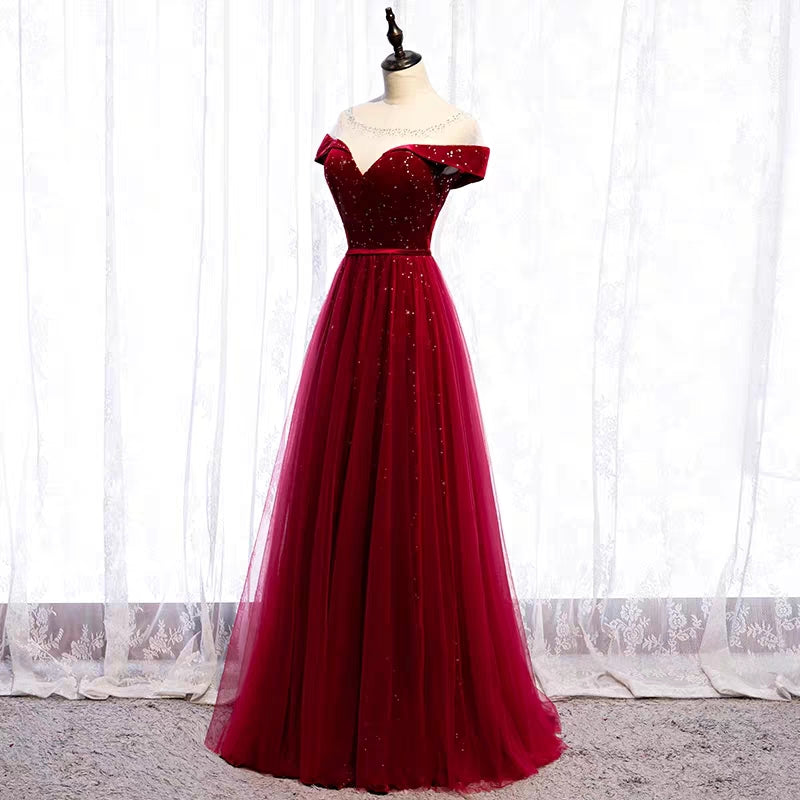 Off shoulder shiny stars burgundy red velvet corset top puffy tulle fo –  Anna's Couture Dresses
