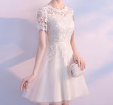 Ivory white knee lenth short lace tulle wedding dress