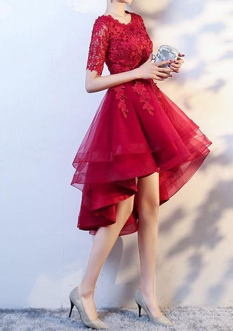 burgundy red lace appliques knee length hi low formal prom dress Anna's Couture Dresses burgundy red lace appliques knee length hi low formal prom dress Anna's Couture Dresses
