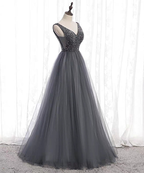 Darker gray corset sequins crystals beaded v neck tulle prom dress