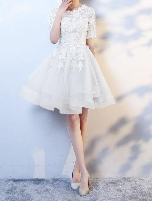 Ivory white lace knee length prom short wedding dress 
