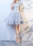 Smoke gray knee length lace tulle formal prom dress