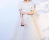 Ivory white lace appliques knee length hi low formal prom dress