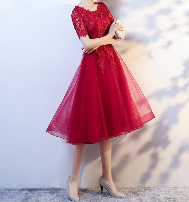 burgundy red lace appliques knee length hi low formal prom dress