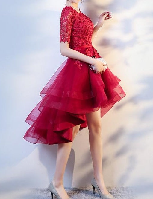 burgundy red lace appliques knee length hi low formal prom dress Anna's Couture Dresses burgundy red lace appliques knee length hi low formal prom dress Anna's Couture Dresses