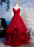 Red spaghetti straps v neck tulle ruffle puffy skirt prom dress 2021